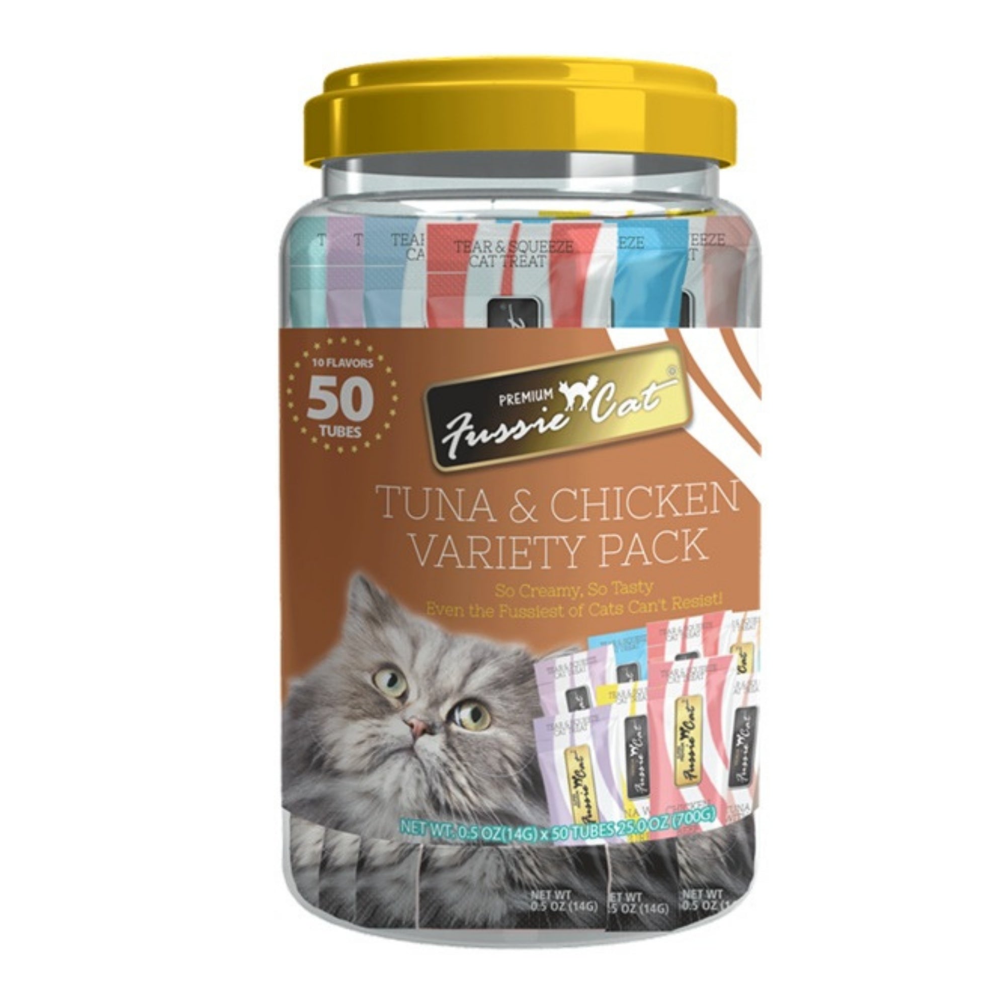 Fussie Cat Puree .5oz. Tuna Chicken Variety Pack 50Ct Tan Jar