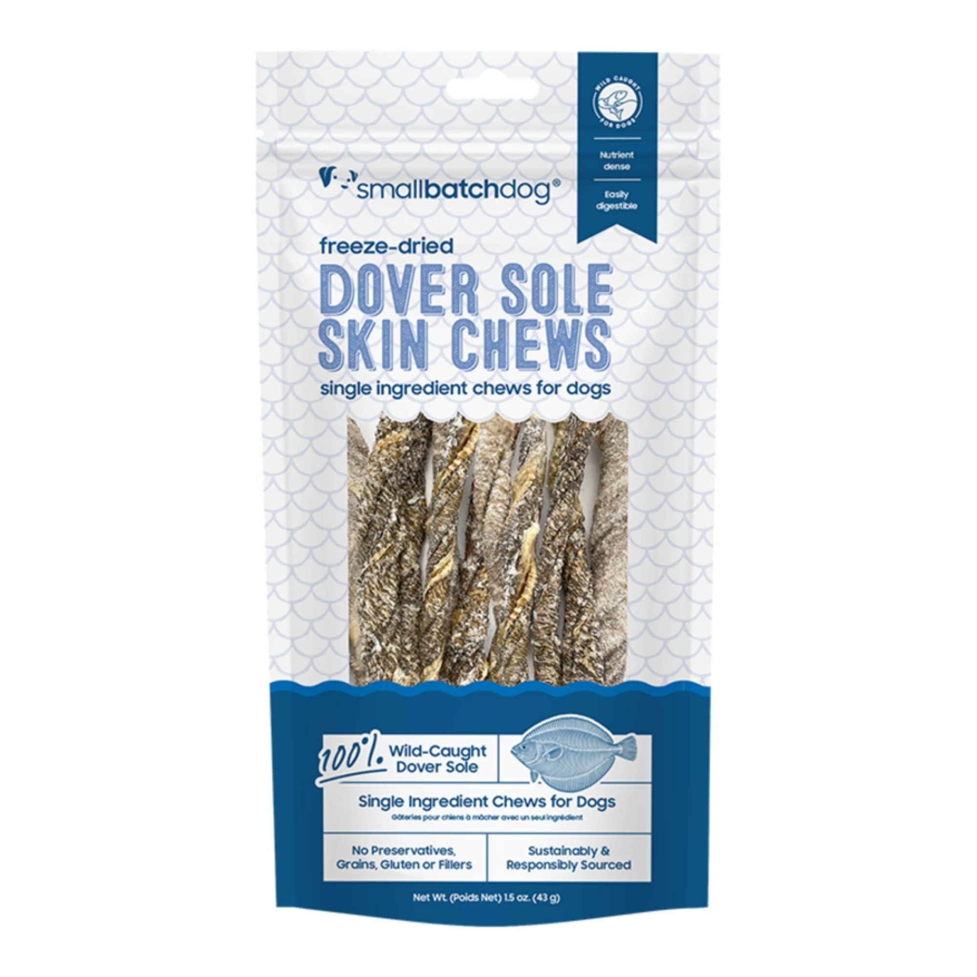 Small Batch Dog Freeze-Dried Dover Sole Skin Chews 1.5oz.