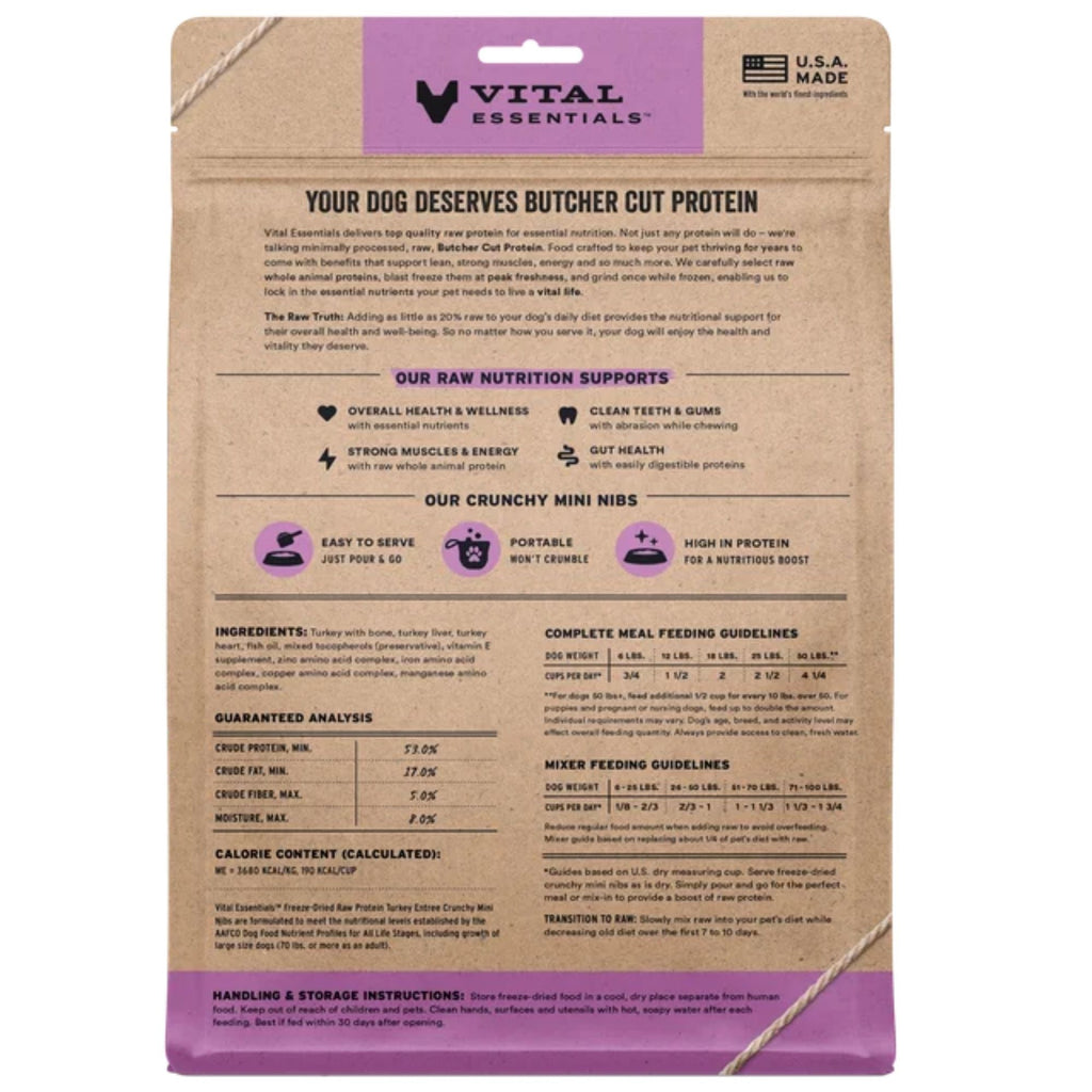Vital Essentials Dog Freeze-Dried Raw Grain Free Turkey Entree & Mixer Crunchy Mini Nibs 3 Lbs