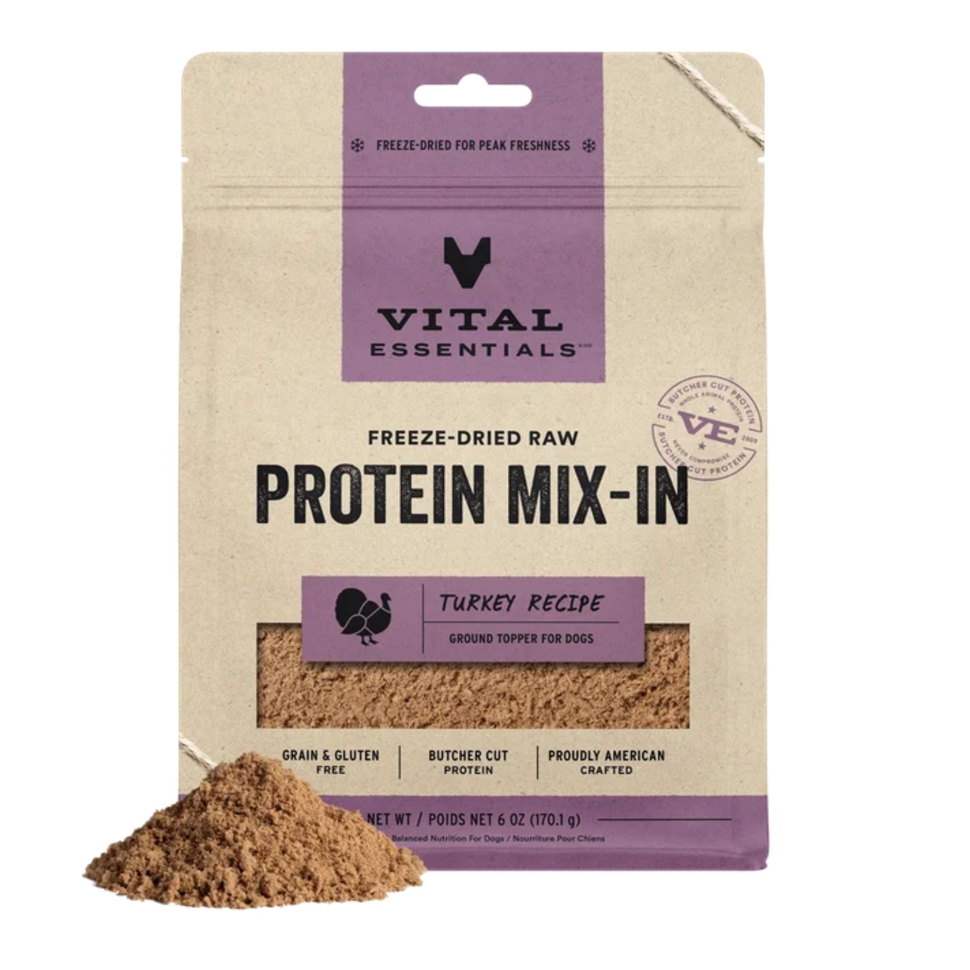 Vital Essentials Dog Freeze-Dried Raw Grain Free Protein Mix - In Turkey Recipe Ground Topper 6oz.