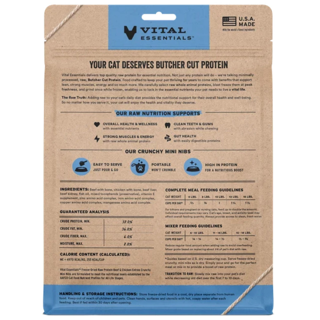 Vital Essentials Cat Freeze-Dried Raw Grain Free Beef & Chicken Entree Mini Nibs 8oz.
