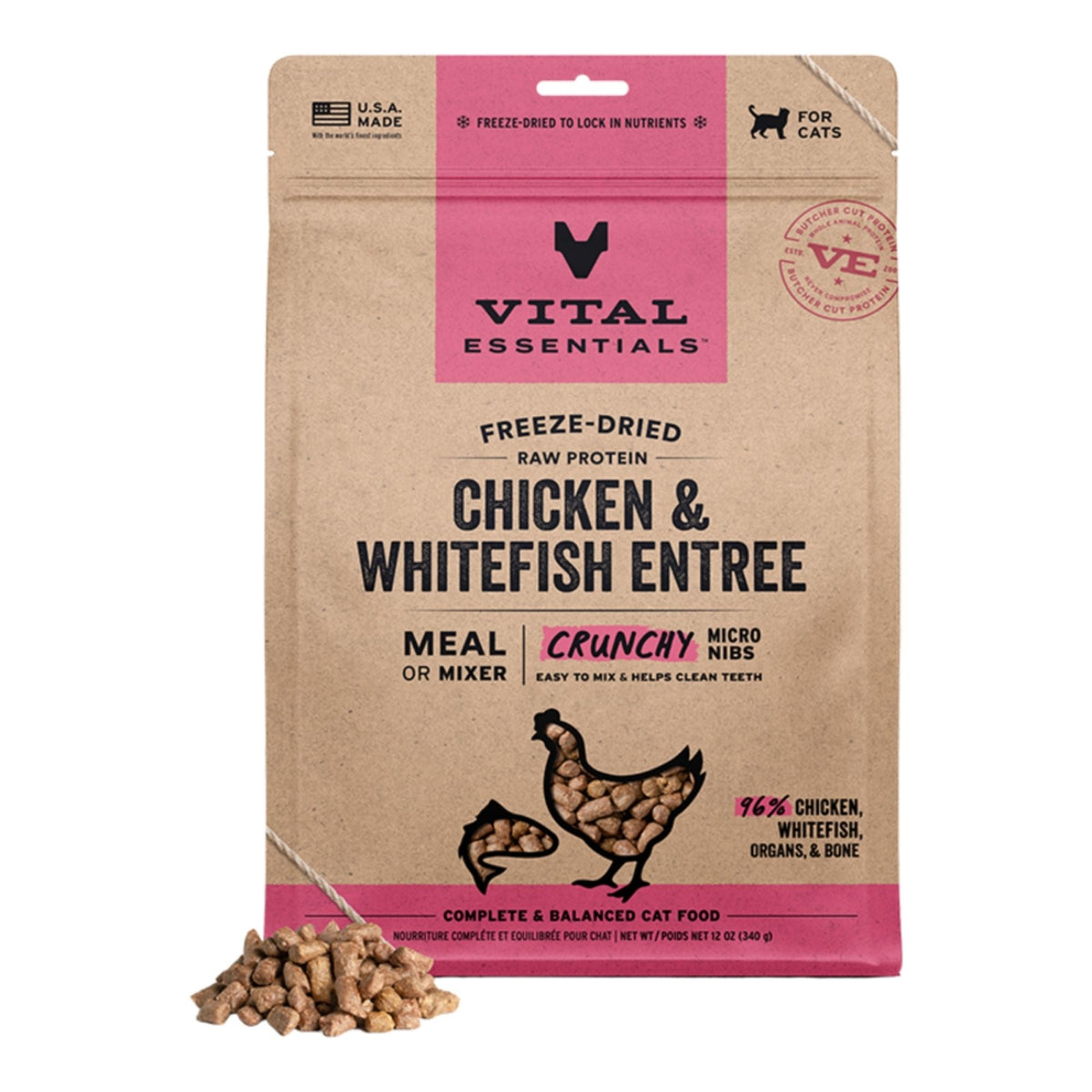 Vital Essentials Cat Freeze-Dried Raw Micro Nibs Chicken & Whitefish Entree 12oz.
