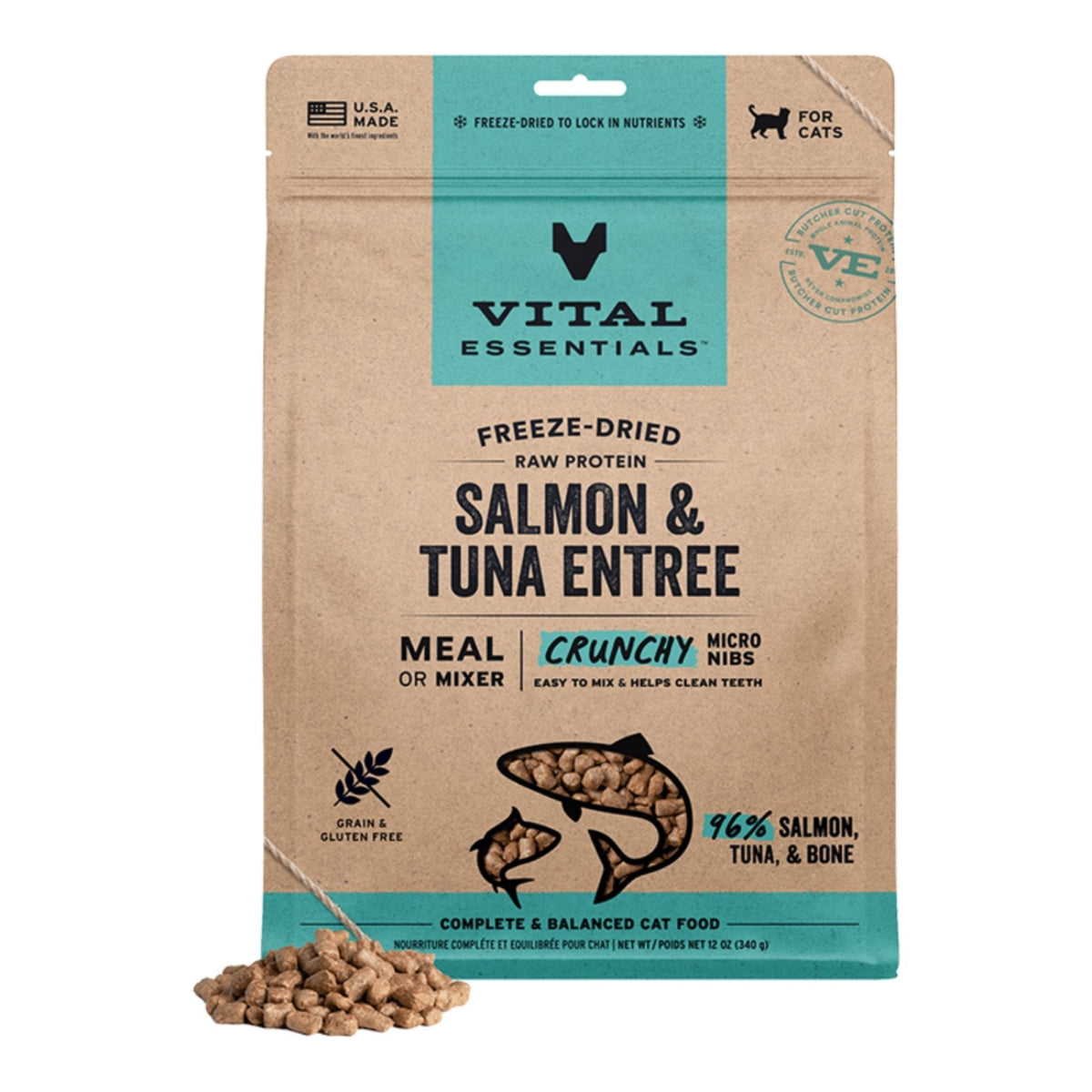 Vital Essentials Cat Freeze-Dried Raw Micro Nibs Salmon & Tuna Entree 12oz.