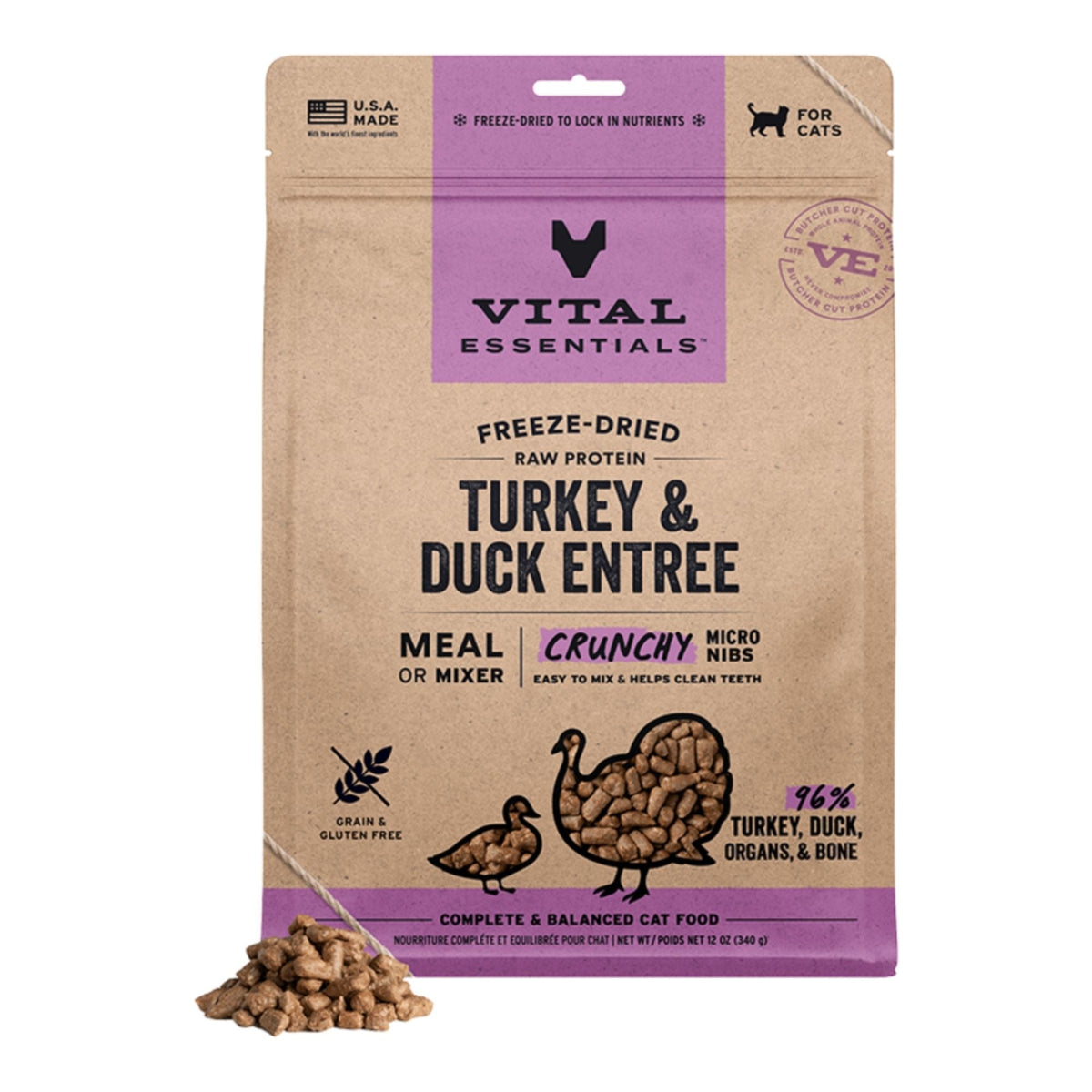 Vital Essentials Cat Freeze-Dried Raw Micro Nibs Turkey & Duck Entree 12oz.