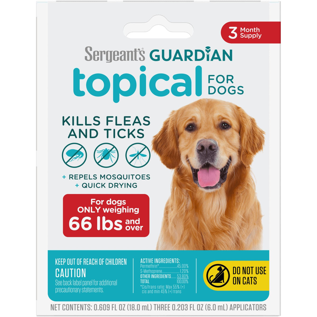 Sergeant's Guardian Topical Flea & Tick Squeeze On Dogs and Puppies Over 66 lbs 3 ct (Case of 3)