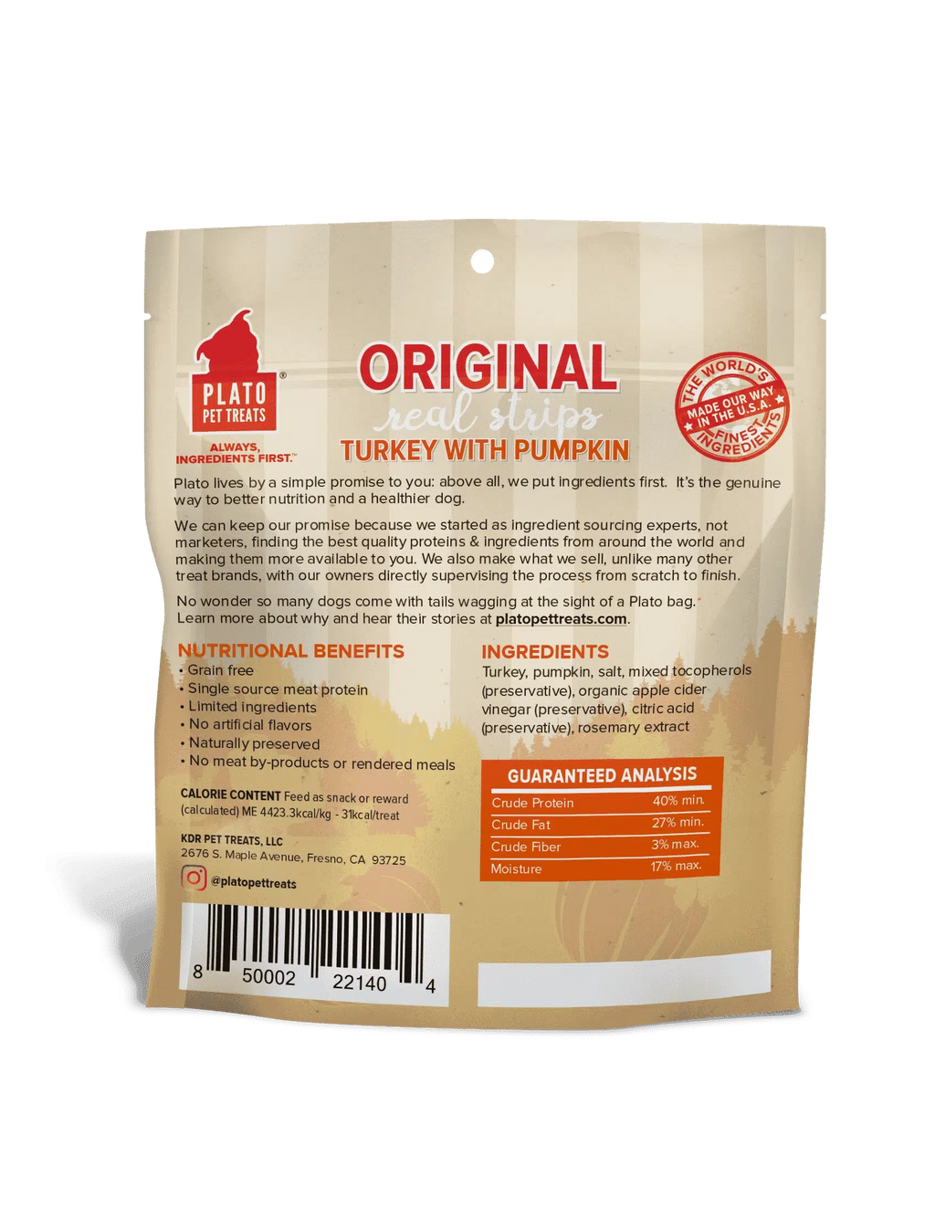Plato Dog Strp Grain Free Turkey Pumpkin 3oz.