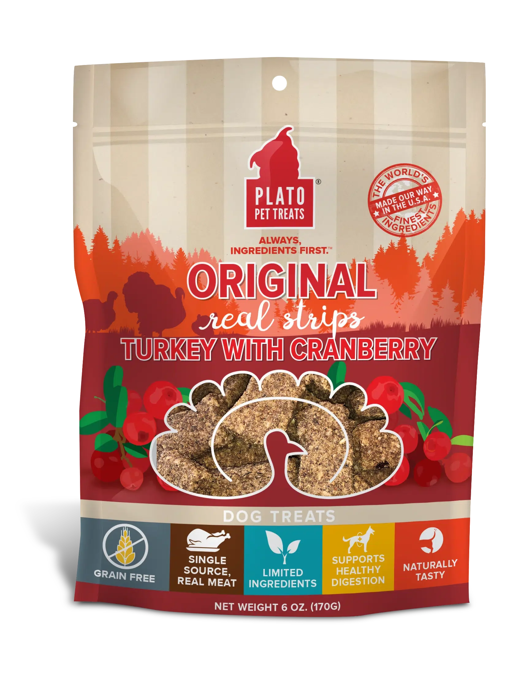 Plato Dog Strips Grain Free Turkey Cranberry 6oz.