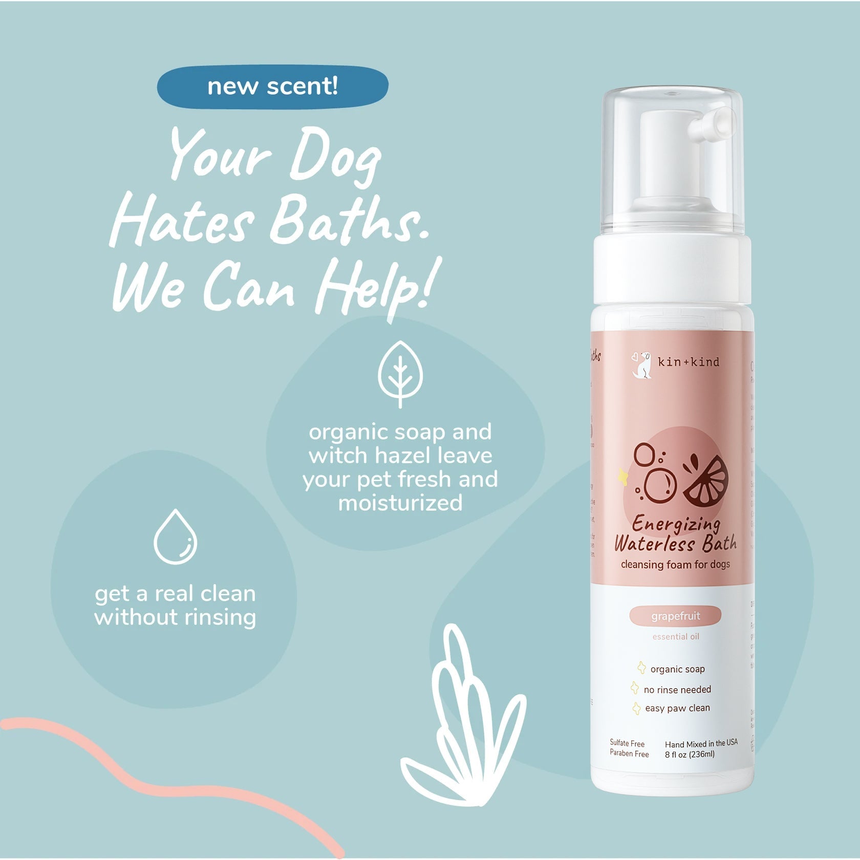 Kin+Kid Energizing Natural Waterless Bath Grapefruit Dog 8oz.