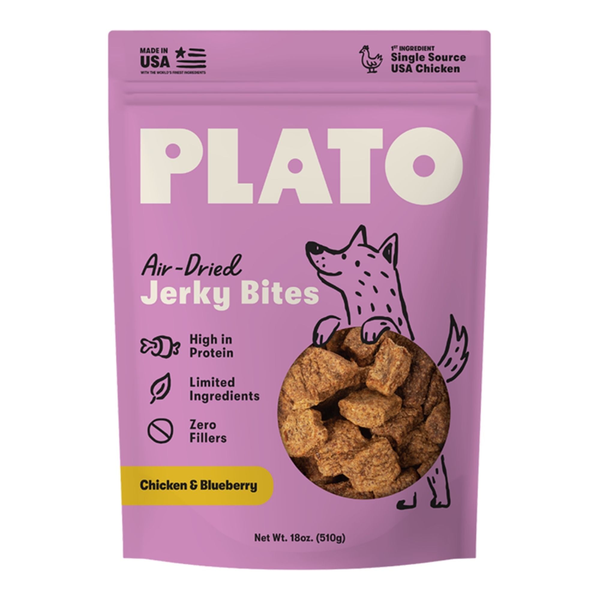 Plato Dog Jerky Bites Chicken With Blueberry 18oz.
