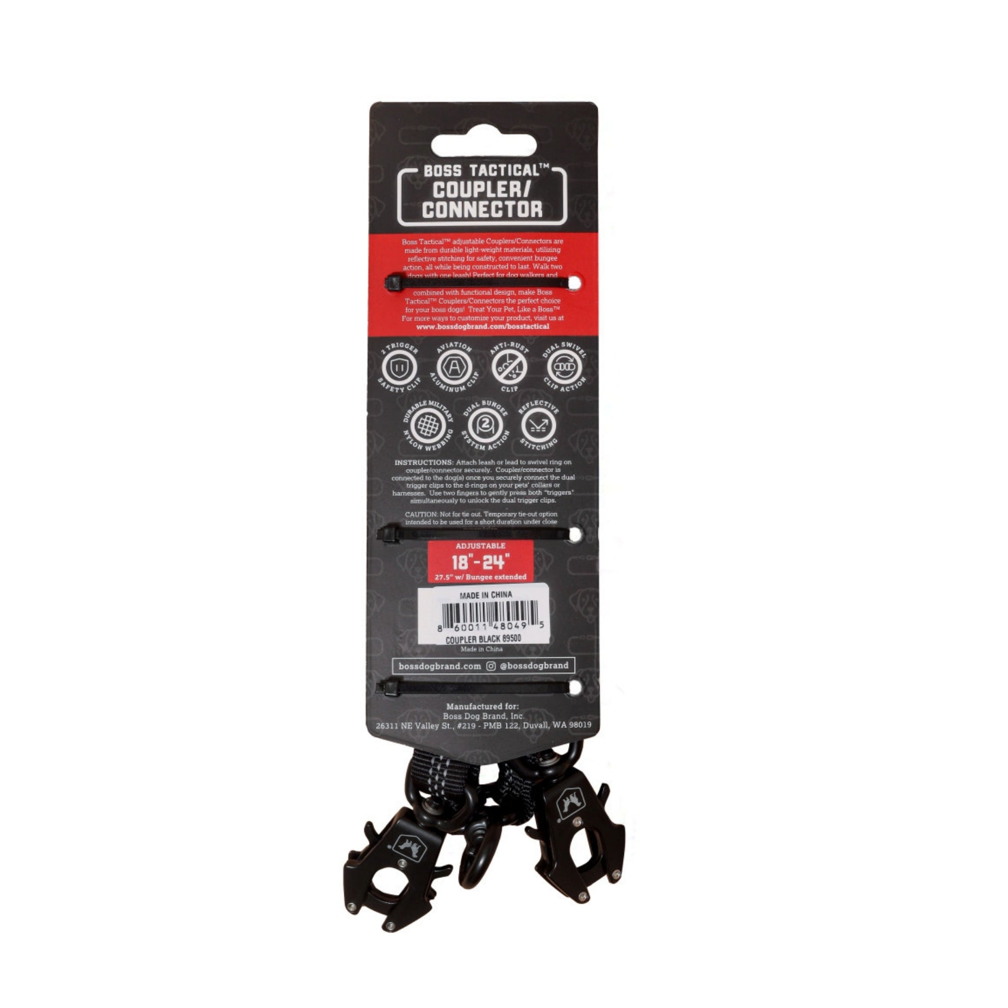 Boss Dog Tactical Adjustable Dual Coupler w/Bungee Black, 1ea/18-24in.