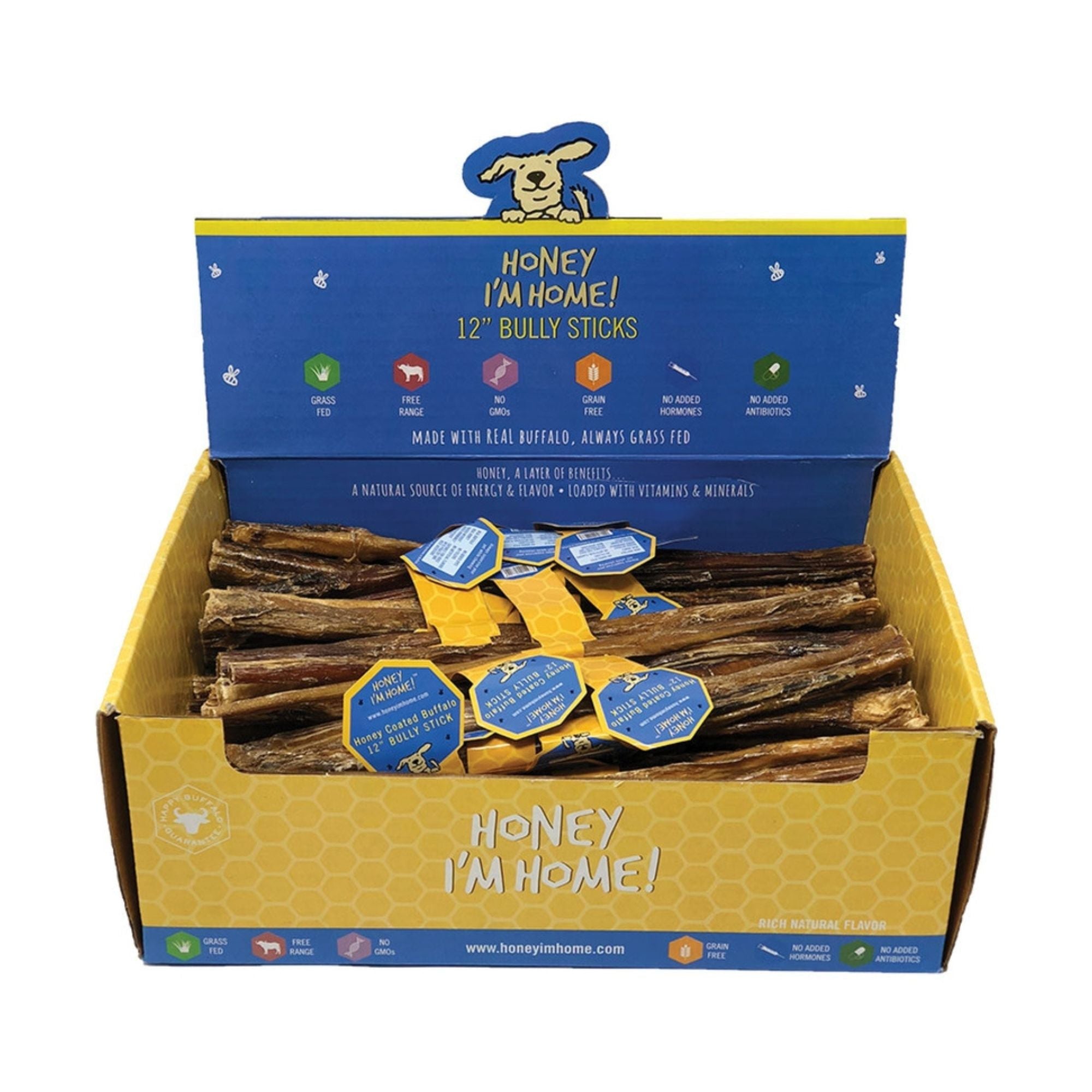 Honey I'm Home Dog Natural Honey Coated Buffalo Bully Stick Bulk 12 Inches - 50 Count