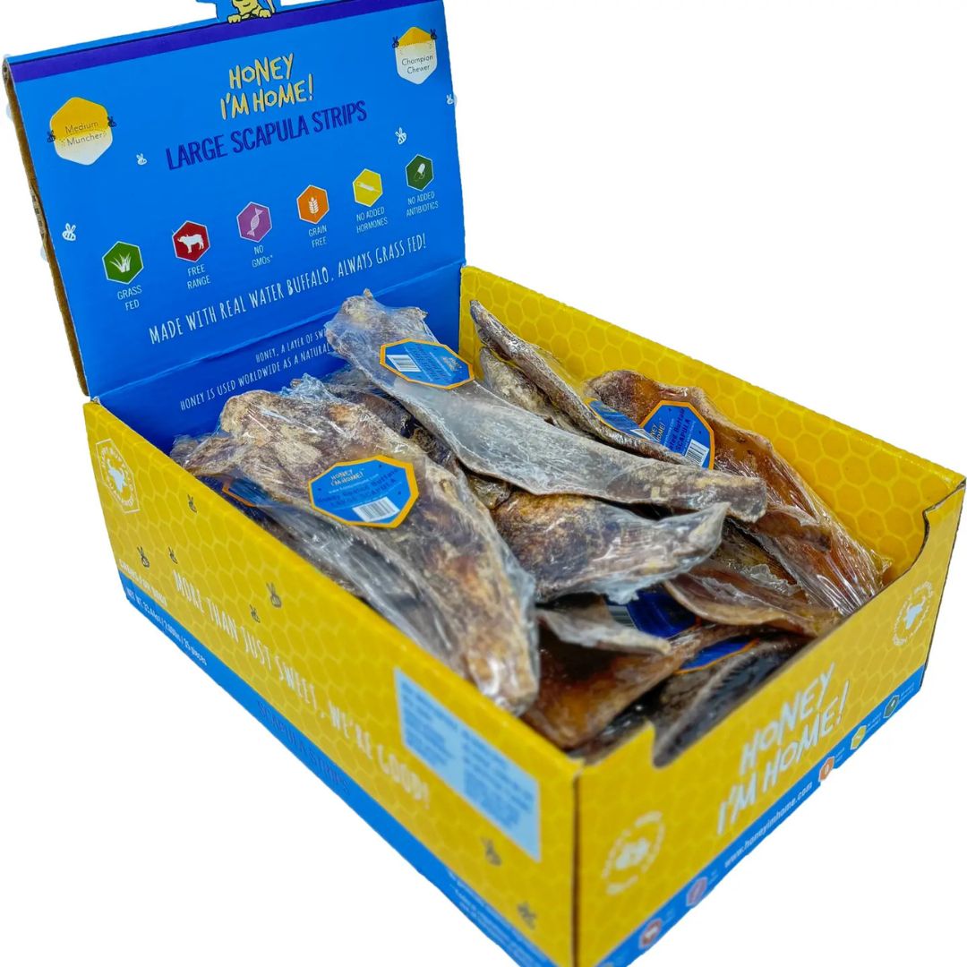 HONEY I'M HOME DOG NATURAL WATER BUFFALO LARGE SCAPULA STRIPS 35CT BULK