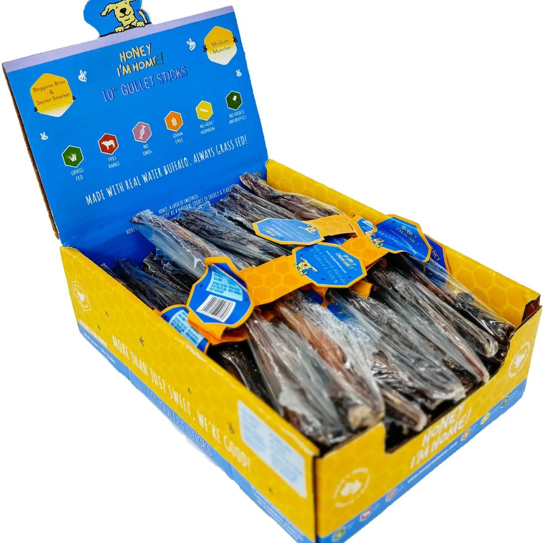 HONEY I'M HOME DOG NATURAL WATER BUFFALO 10" GULLET STICKS 35CT BULK