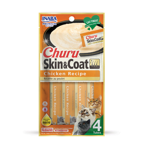 Inaba Churu Puree Skin & Coat Cat Treats Chicken .5oz. 4 Pk (Case of 6)